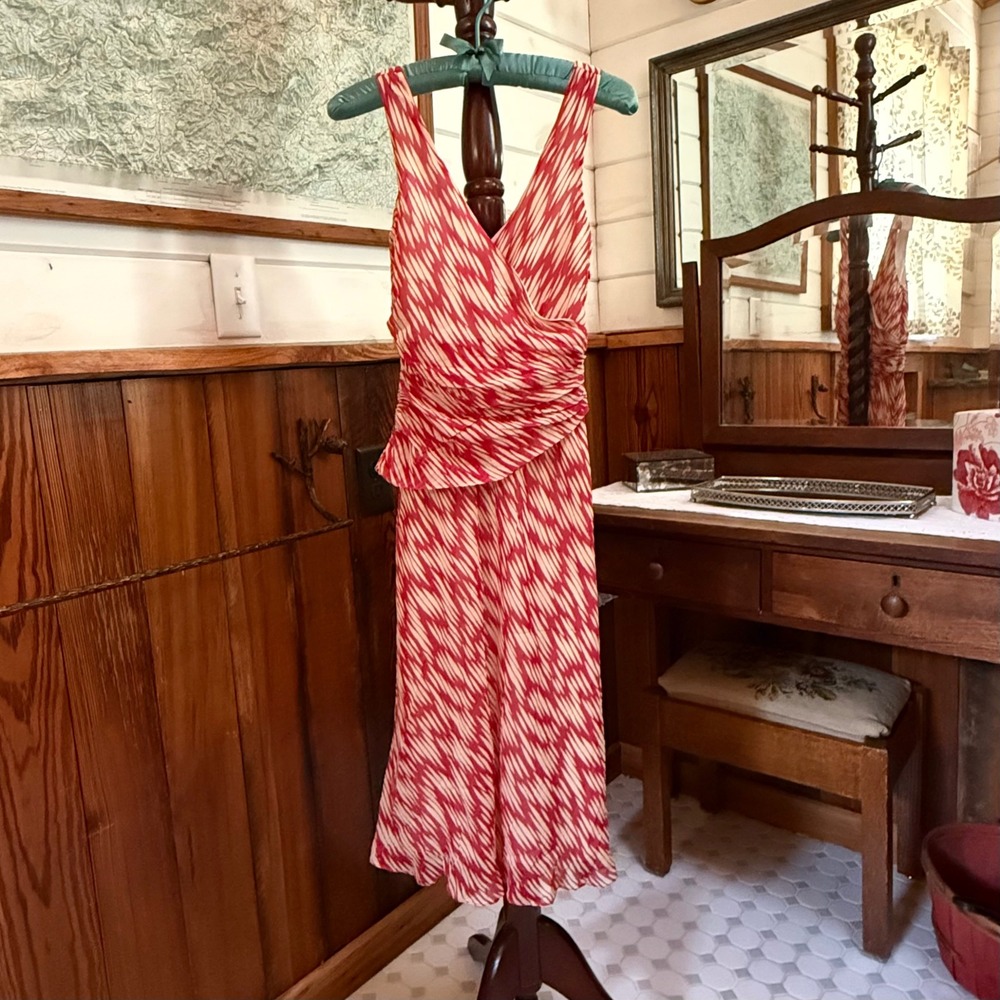 J.Crew 100% Silk Faux Wrap Midi Dress Red Cream Abstract Ikat Size 0 Ruched